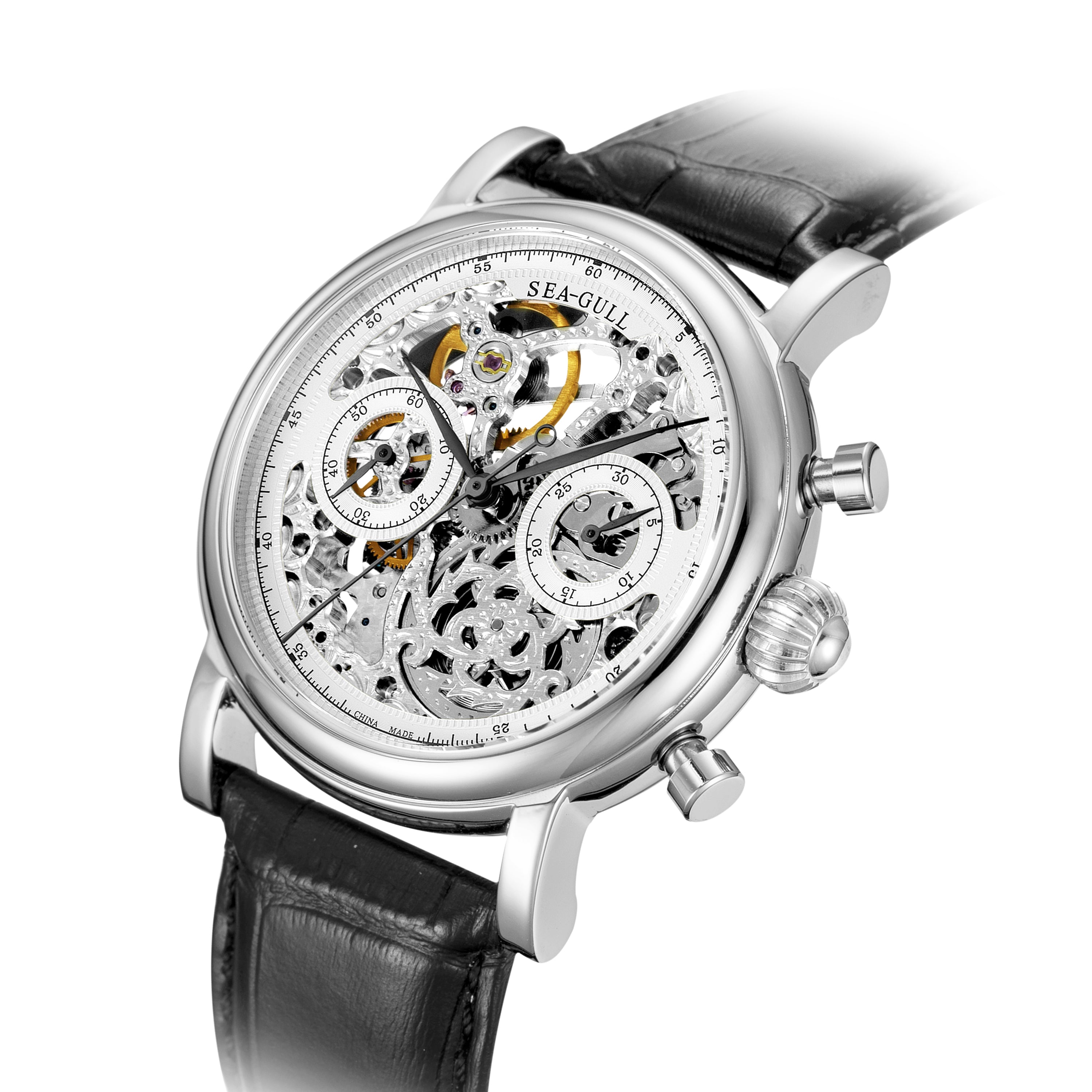 Column-wheel Chronograph Skeleton Open-worked Dial Watch 41mm