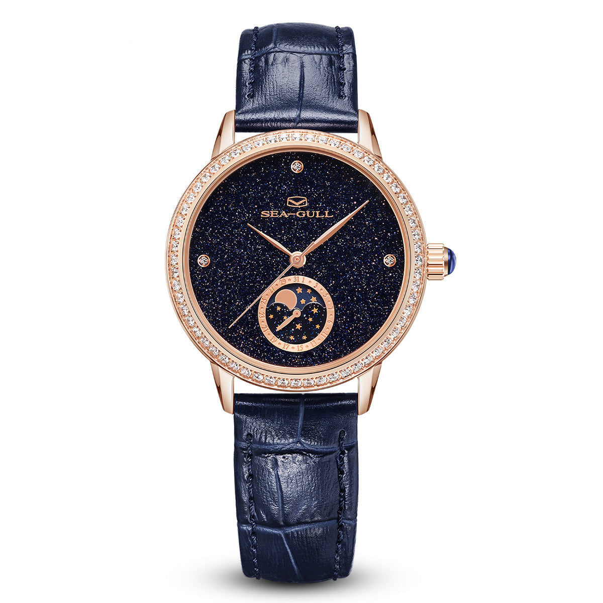 Sea-Gull watch with blue strap and starry dial on a white background