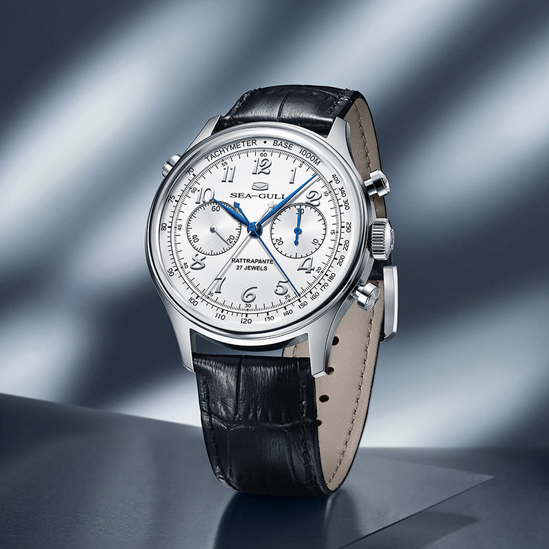 Seagull Rattrapante Luxury watch with black leather strap and silver Grade-5 titanium case