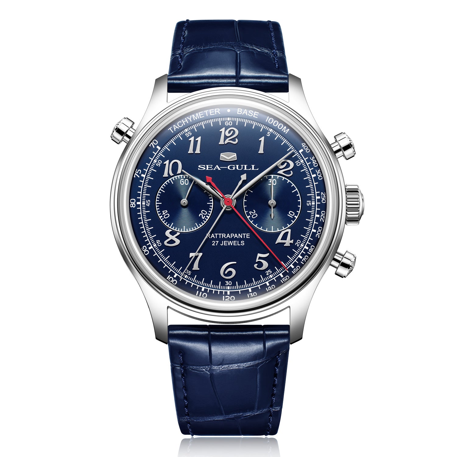 SEA-GULL Split-second Rattrapante blue wristwatch with silver case and blue leather strap