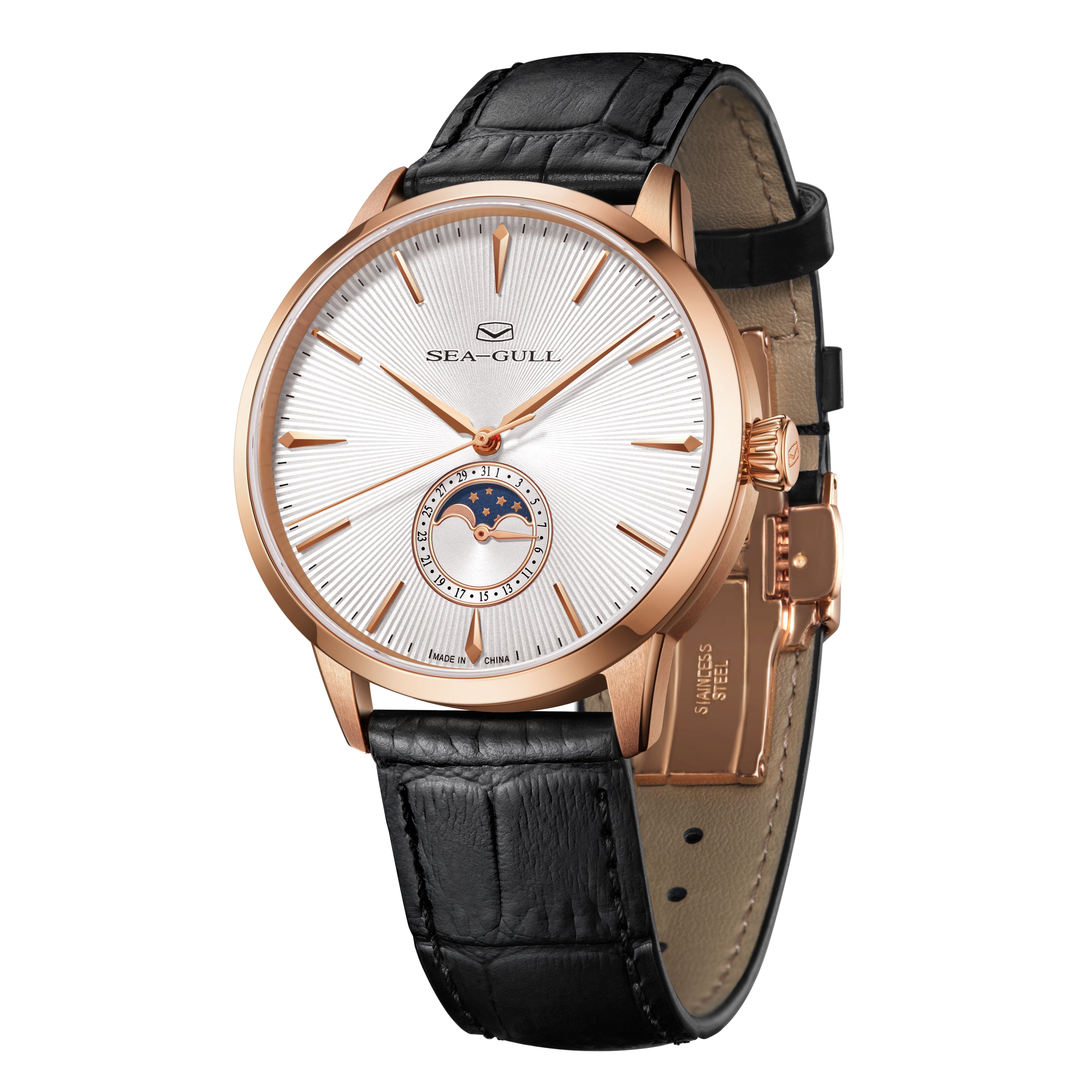 Seagull Elegant Series Moonphase Watches 40mm with black leather strap and rose gold case
