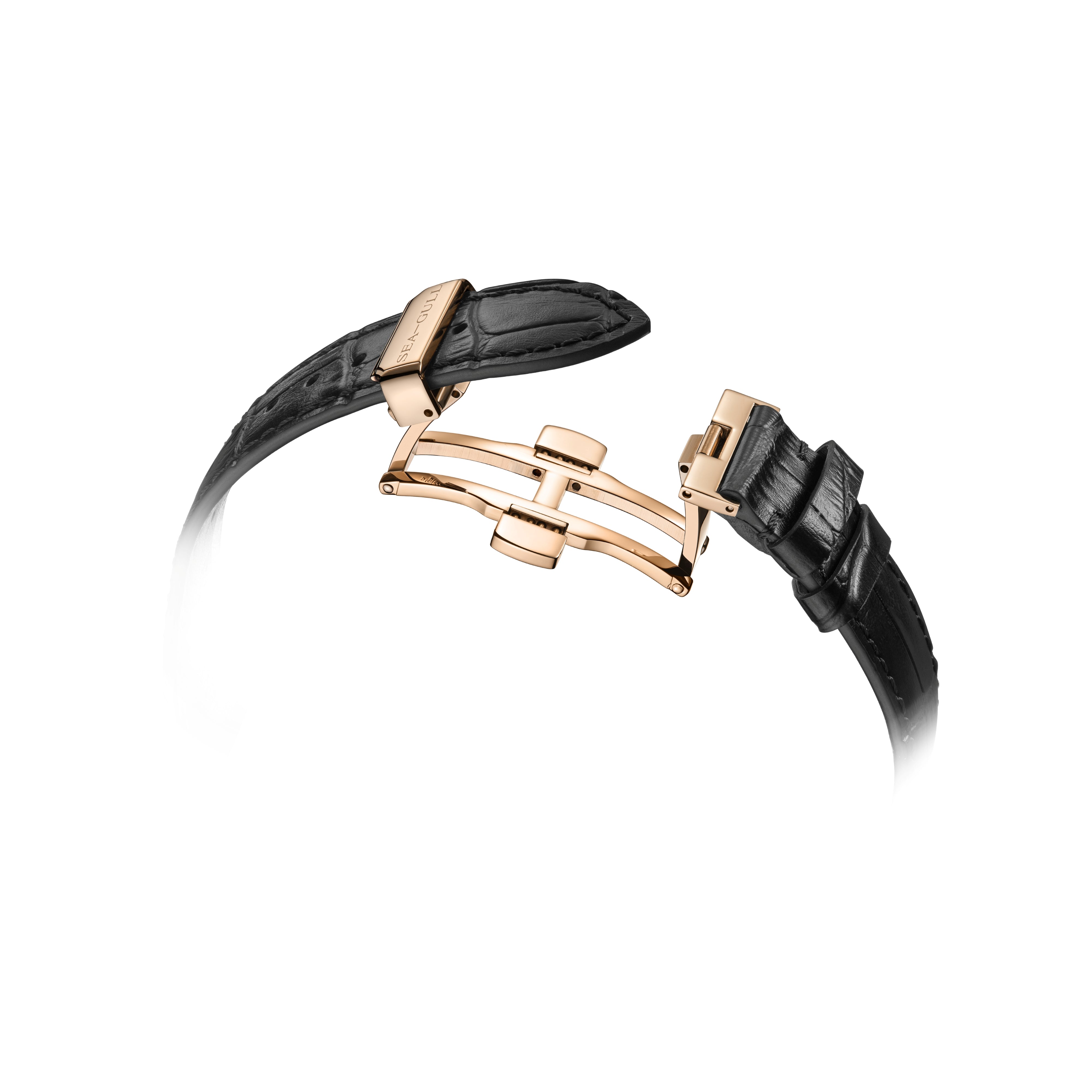 Seagull Elegant Series Moonphase Watches 40mm Black leather bracelet with rose gold clasp