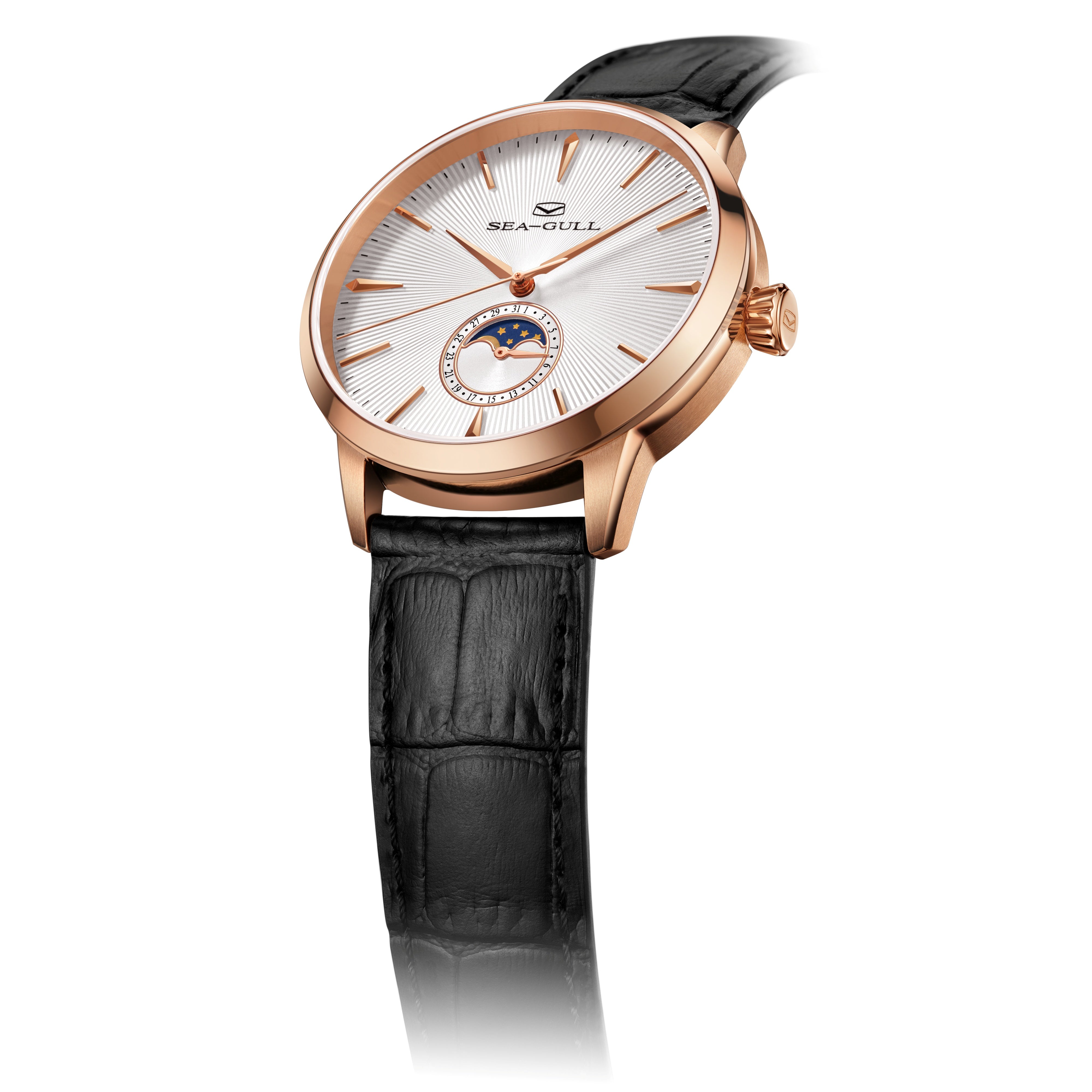 Seagull Elegant Series Moonphase Watches 40mm with rose gold case and black leather strap