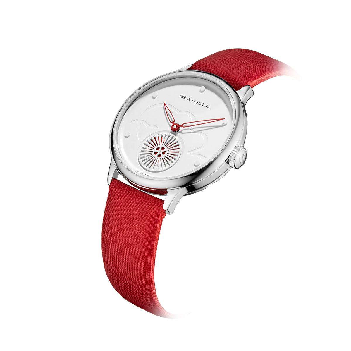 Seagull Heartbeat Elegant Lady's Dress Watch 34mm 813.96.6130L, white dial and heart-shape subdial, hollow hands, silk-leather watch brecelet.
