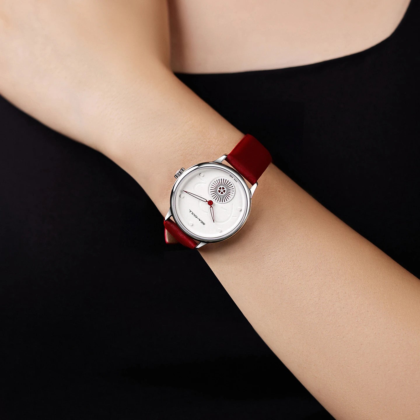 Seagull Heartbeat Elegant Ladies Dress Watch 34mm 813.96.6130L, silver case, display sapphire crystal case back, luxury Valentine's Day gift below $300