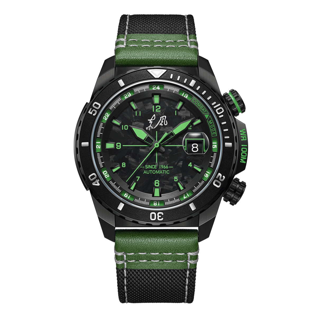Seagull Dongfeng Series Carbon Fiber Dial Tactical Watch 44mm military green accents, black and green leather/NATO strap