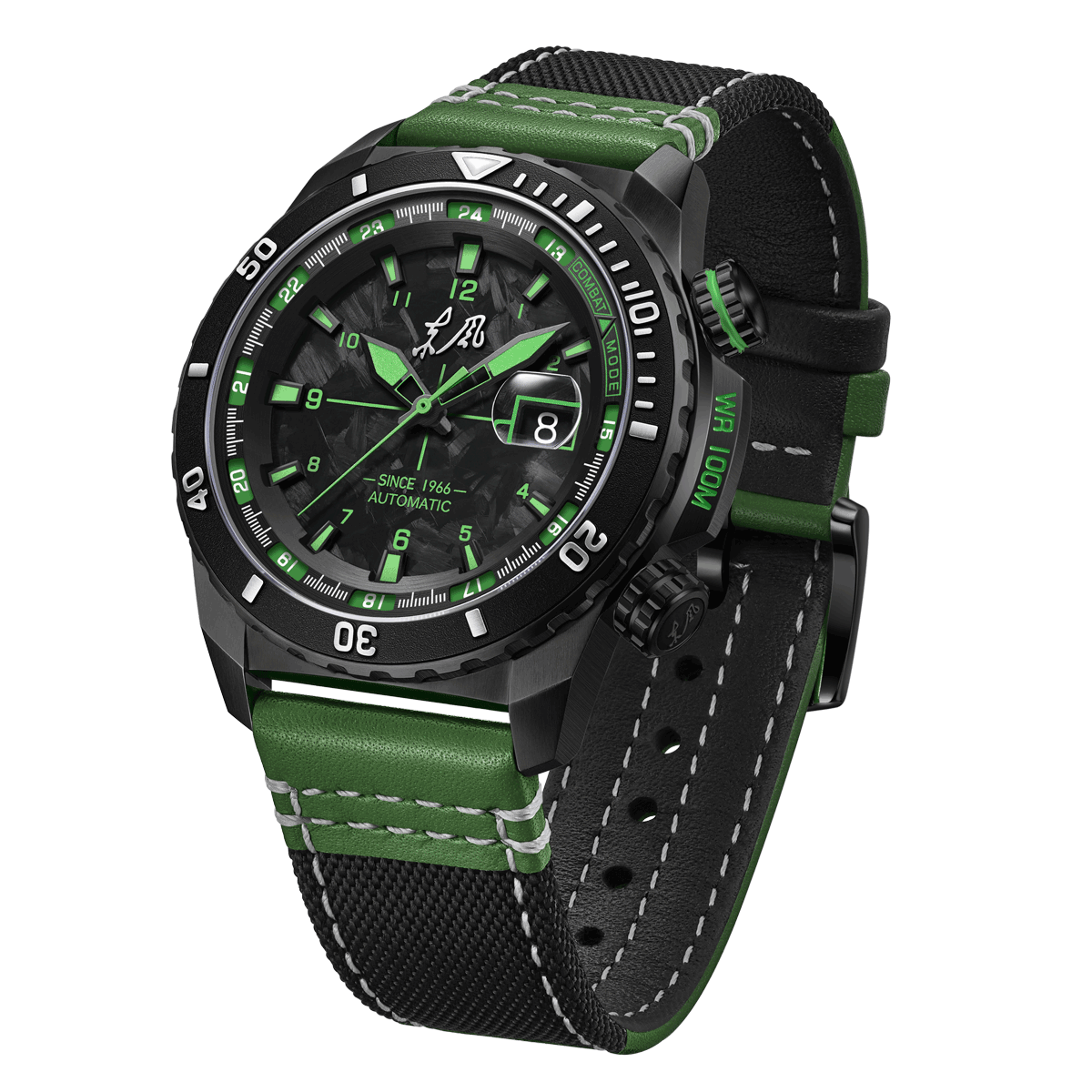 Seagull Dongfeng Series Carbon Fiber Dial Tactical Watch 44mm military green accents, black and green leather/NATO strap, detailed face, features combat mode