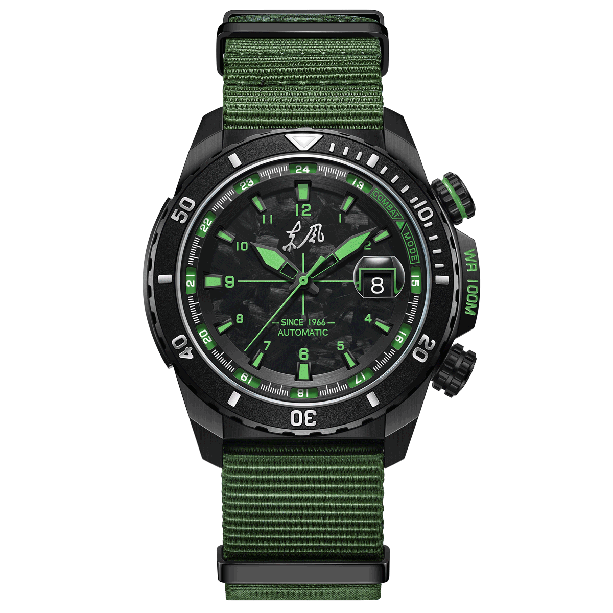 Seagull Dongfeng Series Carbon Fiber Dial Tactical Watch 44mm military green accents, green NATO strap, date setting, 100m water ressistance
