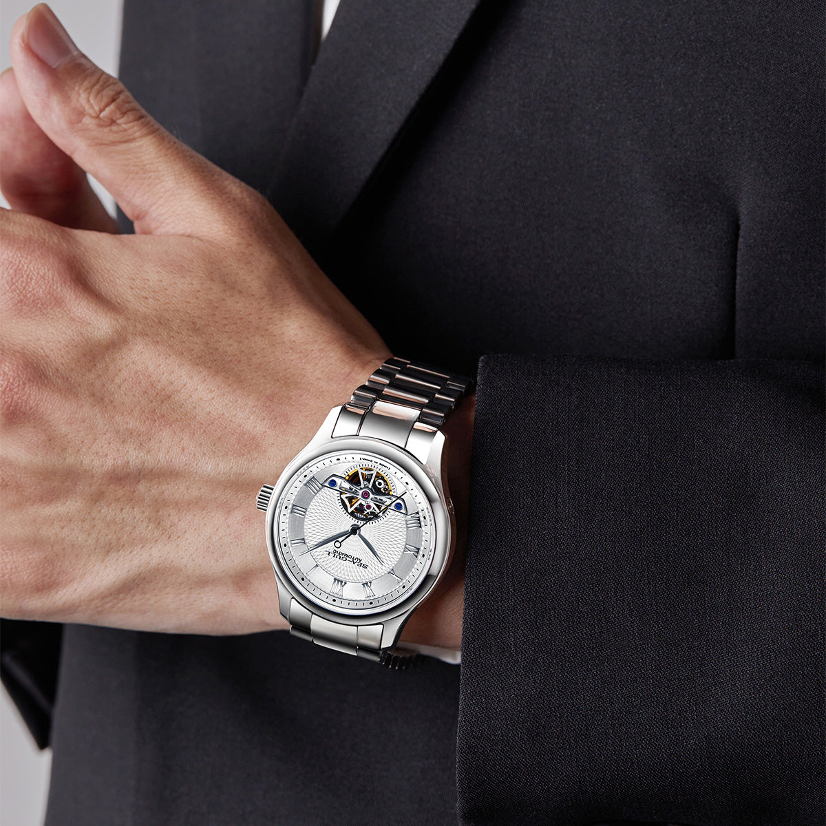 Montre automatique 39mm cadran guilloché à volant d'inertie ouvert (Open Heart)