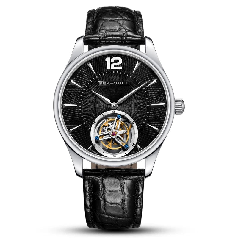 Sea-Gull watch with black leather strap and black dial