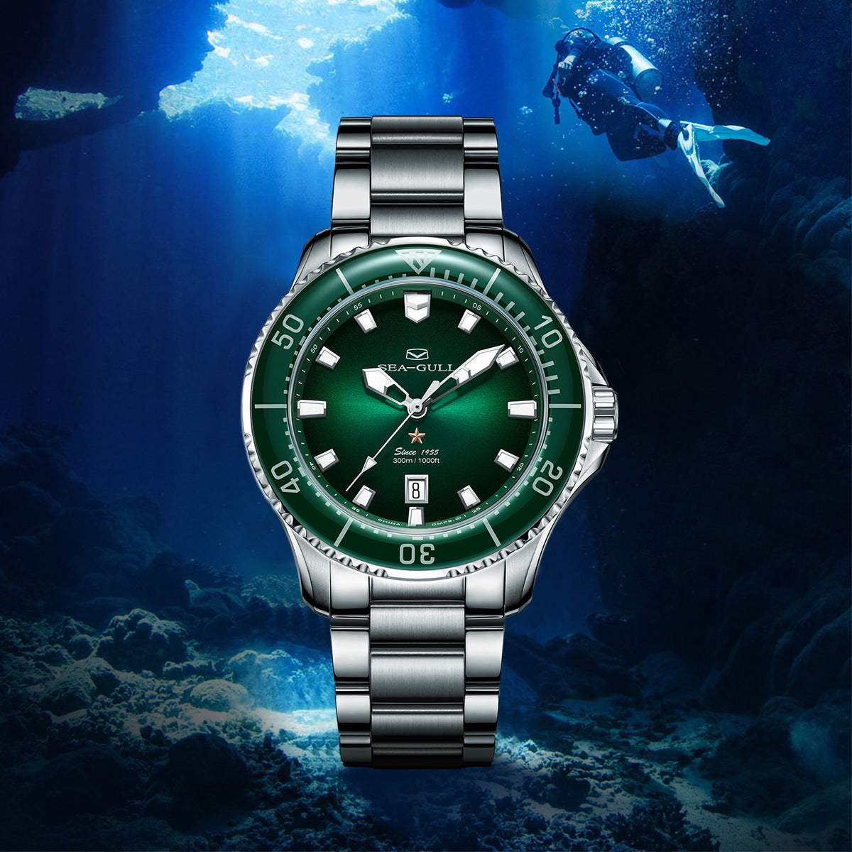 Seagull Ocean Series Pro 300m Mechanical Dive Watch Green Dial 41mm 816.92.1213 Available at Seagull Official Store