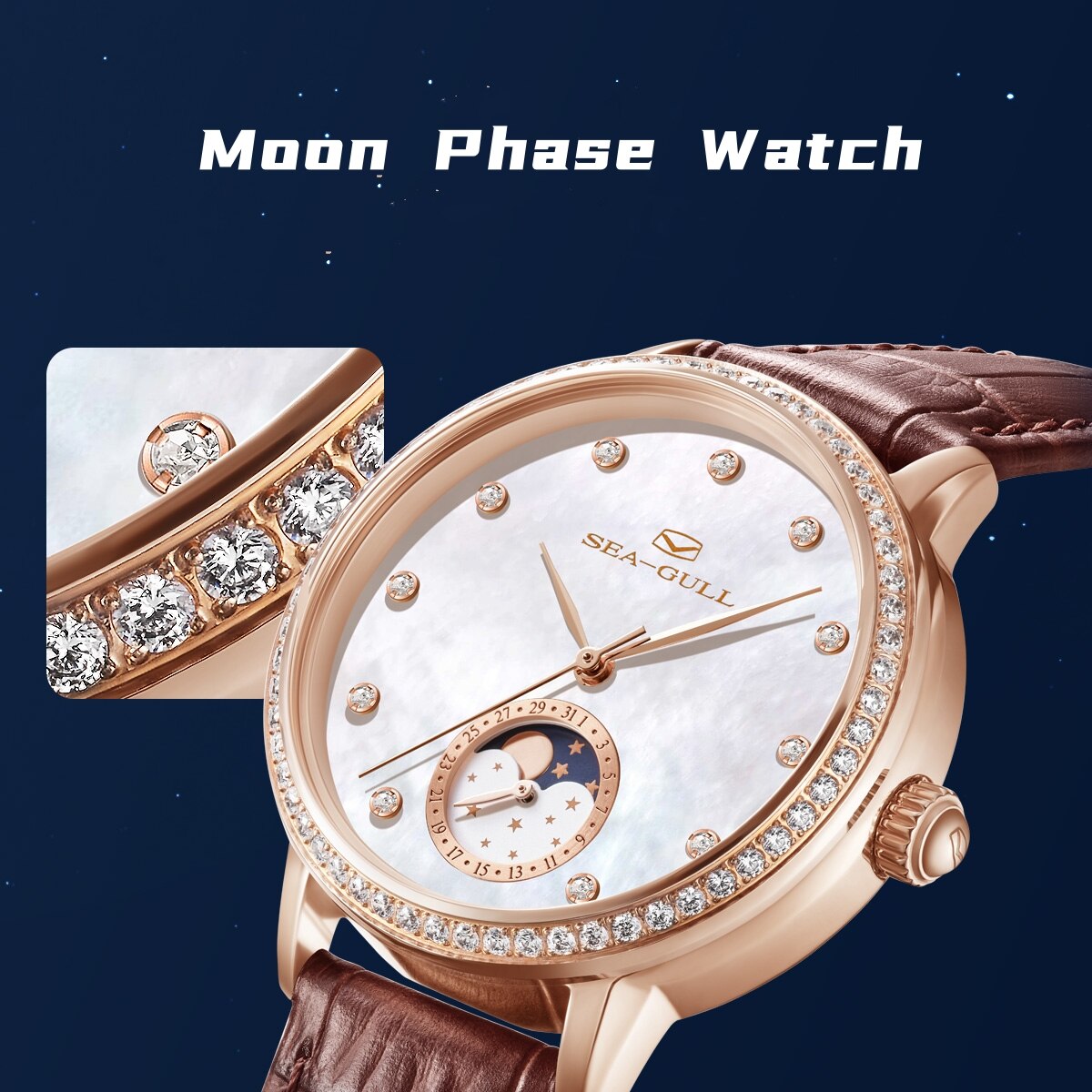 Moon Phase Mother-of-Pearl Dial Diamond-set Lady's Watch 34mm