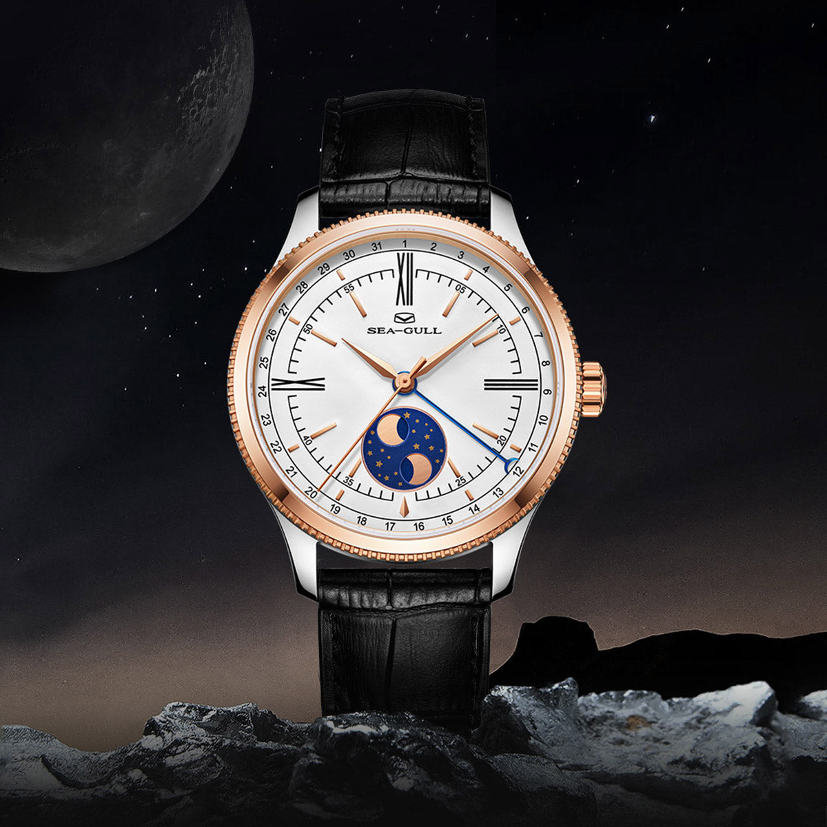 Dual Moon Phases Calendar Business Leisure Watch 41mm