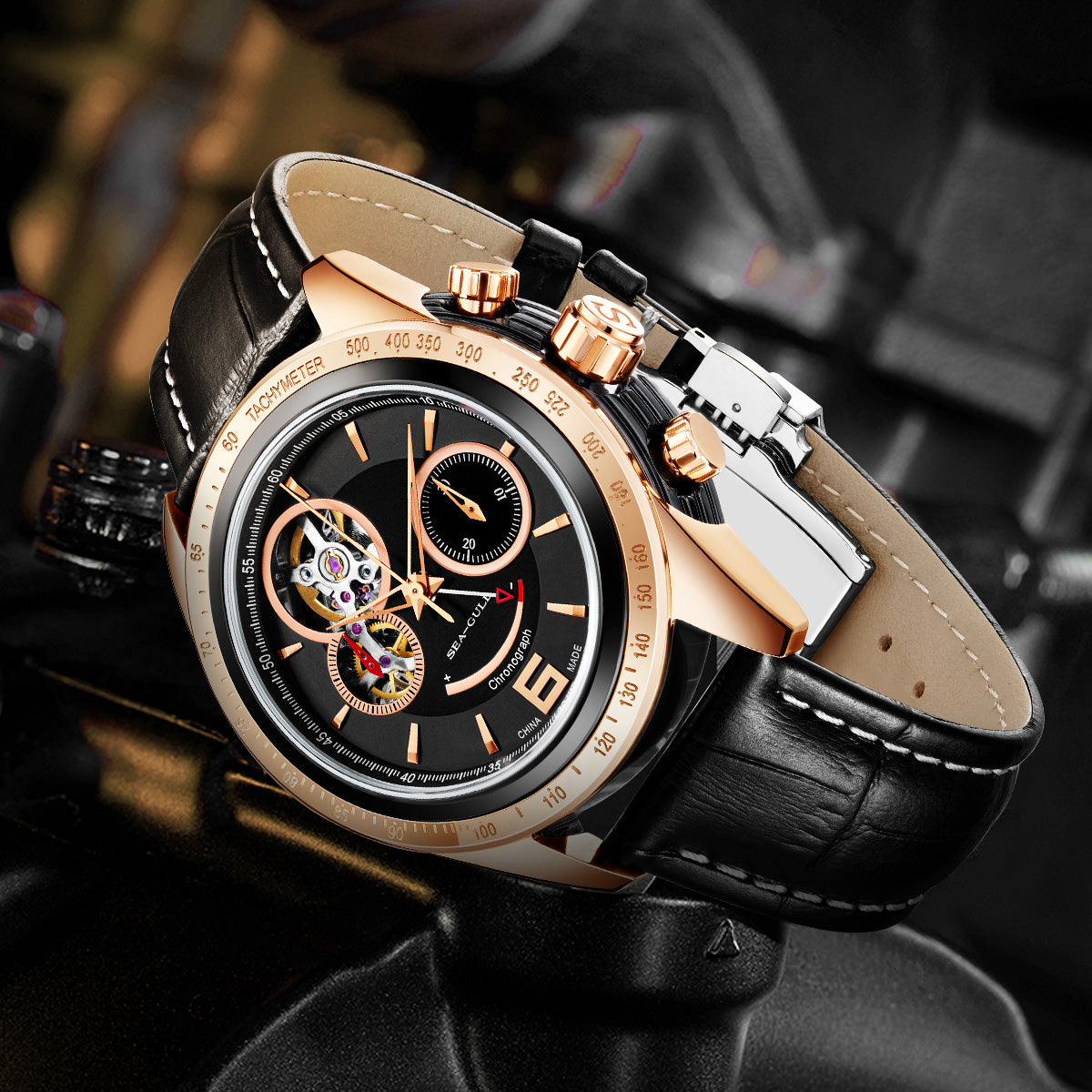 インテリア時計 Flow Timer - Midnight Black Seagull Racing Style Power Reserve Indicator Tachymeter