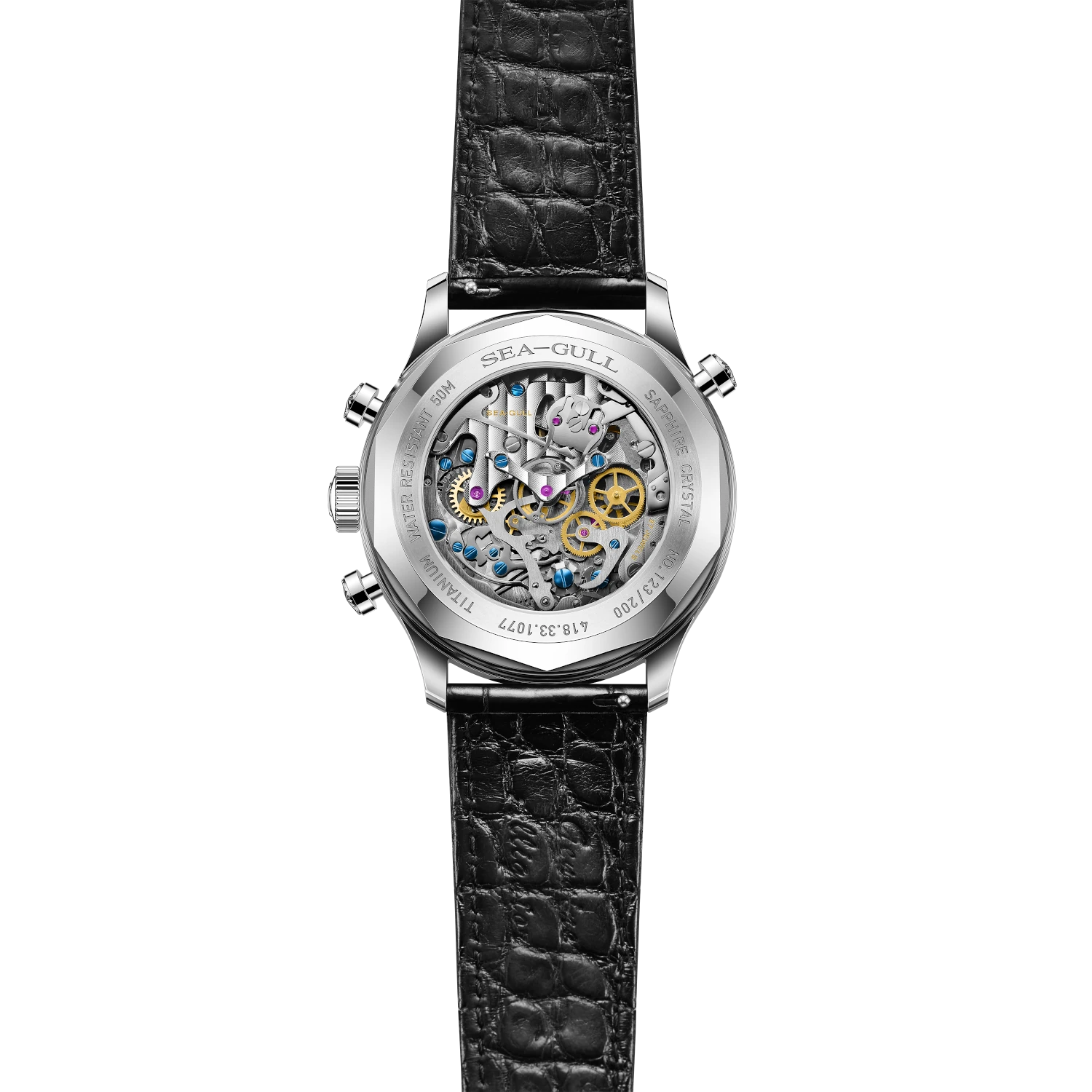 Seagull Meteorite Rattrapante Split-Second Chronograph Limited Edition 42.5mm Transparent case back with leather strap