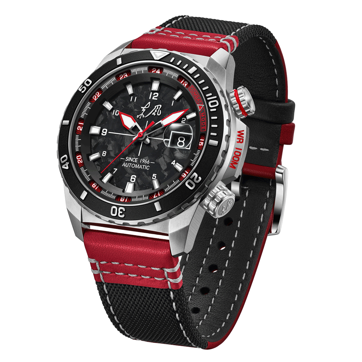 Seagull Dongfeng Series Carbon Fiber Dial Tactical Watch 44mm red accents, black and red leather/NATO strap luminous makers, date and 100m water ressistance
