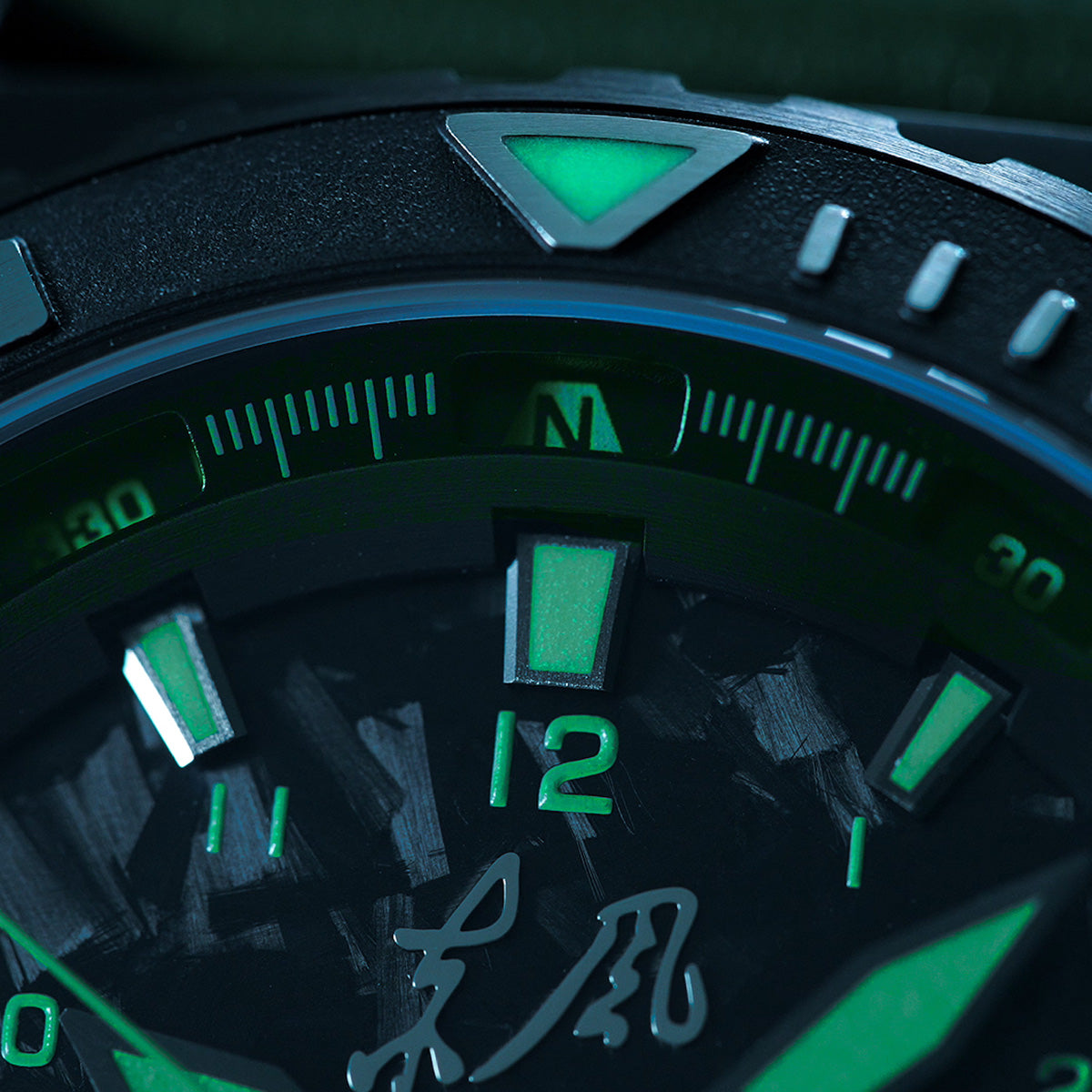 Close-up of Seagull Dongfeng Series Carbon Fiber Dial Tactical Watch face with green glowing numbers and markers, cobat mode