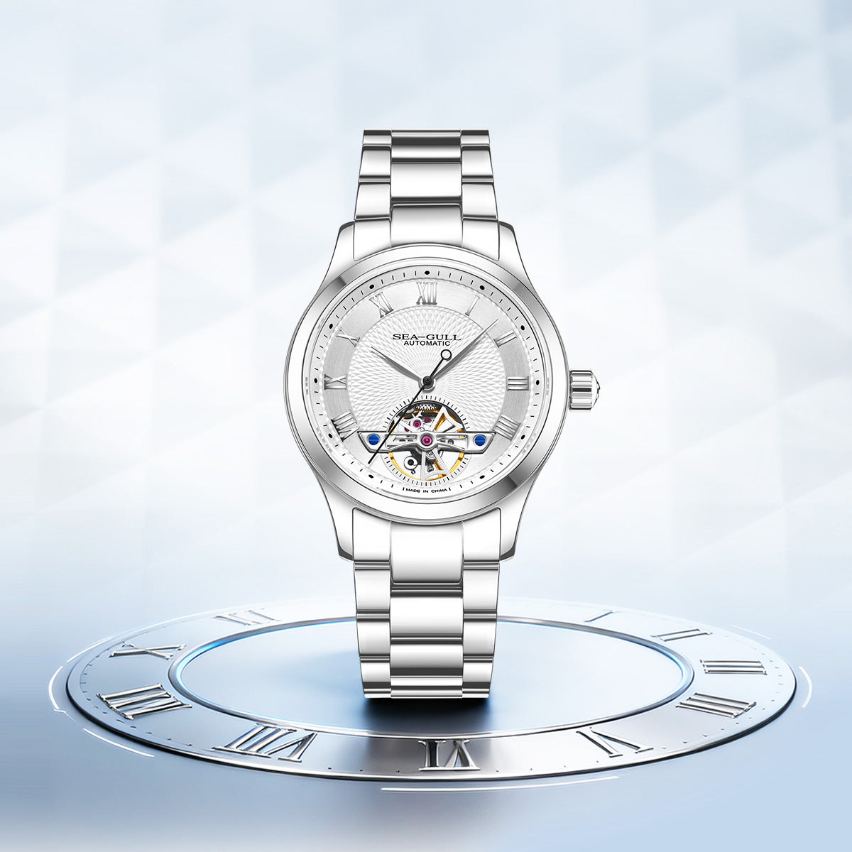 Montre automatique 39mm cadran guilloché à volant d'inertie ouvert (Open Heart)